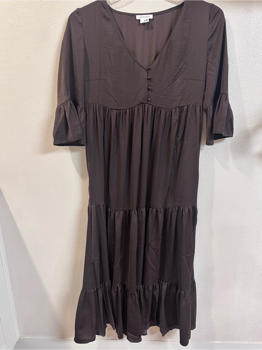 Ingrid & Isabel Brown Tiered Maxi Dress with V-Neck and Button Detail